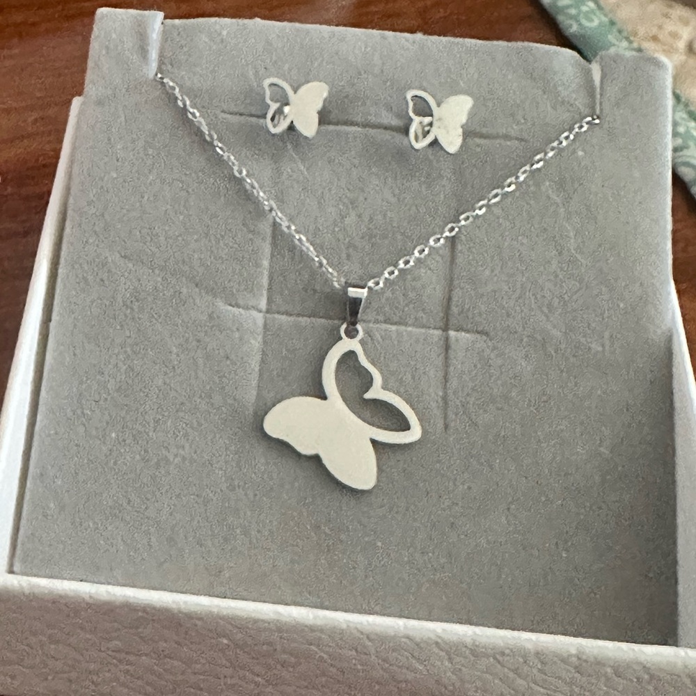 Stainless Silver Butterfly Necklace & Stud Earring Jewelry Set